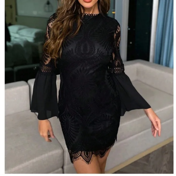 Luxe Lace Flounce Sleeve Party Evening Dress - Picture 6 of 15